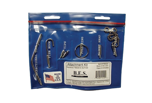 "Fiberfish Attachment Kit, includes: 1 hook, 1 magnet head, 2 tips, 1 ball chain, 1 pull ring, plastic pouch, for use with 1/4" fish sticks"" (besm_FIB120)