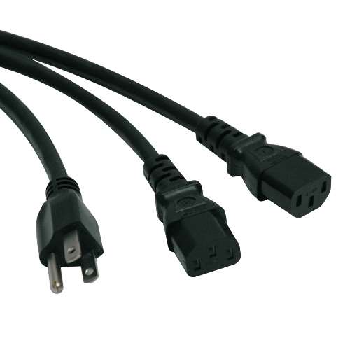 "Universal Power Extension Cord Y Splitter Cable (NEMA 5-15P to 2x IEC-320-C13), 6-ft." (tripp_P006-006-2)