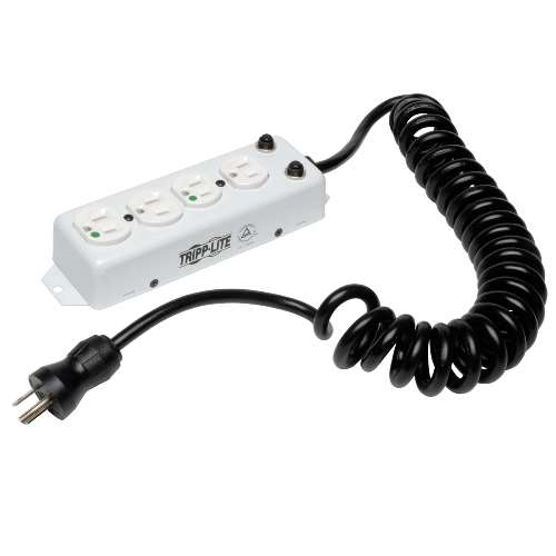 "For Patient-Care Vicinity - UL1363A Medical-Grade Power Strip with 4 Hospital-Grade Outlets, 3-ft. Coiled Cord (extends 10-ft.)" (tripp_PS-410-HGOEMCC)