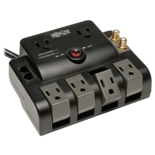 "Protect It! Surge Protector with 6 Outlets (2-fixed, 4-rotatable), 6-ft. Cord, 1440 Joules, Tel/Modem/Coax Protection" (tripp_TLP606RNET)