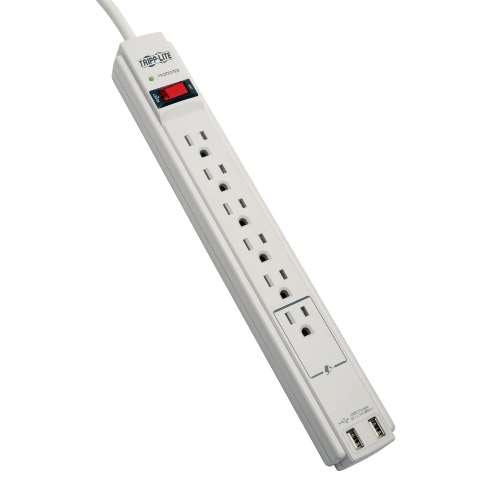 "Protect It! 6-Outlet Surge Protector, 6-ft. Cord, 990 Joules, 2 x USB Charging ports (2.1A), Gray Housing" (tripp_TLP606USB)