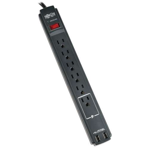 "TAA-Compliant Protect It! 6-Outlet Surge Protector, 6-ft. Cord, 990 Joules, 2 x USB Charging ports (2.1A), Black Housing" (tripp_TLP606USBBTAA)