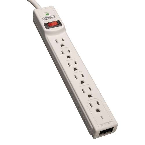 "Protect It! 6-Outlet Surge Protector, 8-ft. Cord, 990 Joules, Tel/Modem Protection, Gray Housing" (tripp_TLP608TEL)