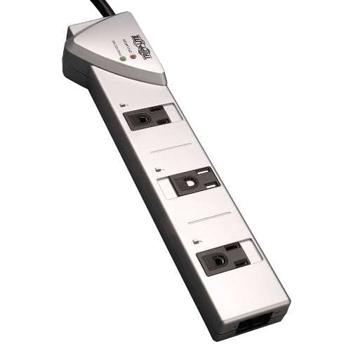 "Protect It! 7-Outlet Surge Protector, 7-ft. Cord, 1080 Joules, Tel/Modem Protection, Silver Housing" (tripp_TLP707TEL)