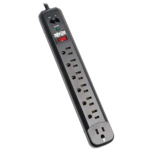 "Protect It! 7-Outlet Surge Protector, 6-ft. Cord, 1080 Joules, Modem/Fax Protection, Black Housing" (tripp_TLP76RBTEL)