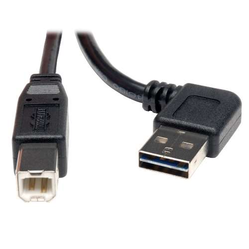 "Universal Reversible USB 2.0 Hi-Speed Cable (Right / Left Angle Reversible A to B M/M), 3-ft." (tripp_UR022-003-RA)